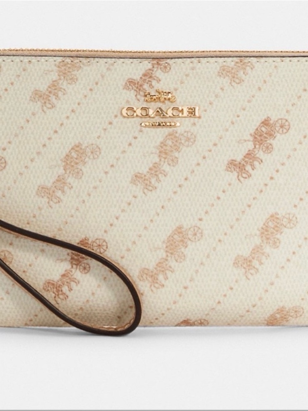 Coach Cream and Tan Carriage Print Wristlet with Gold Logo